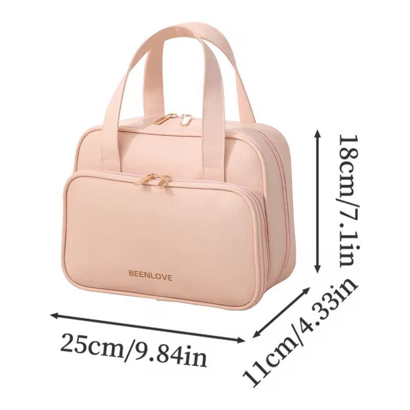 Pink handbag with dimensions labeled on a white background