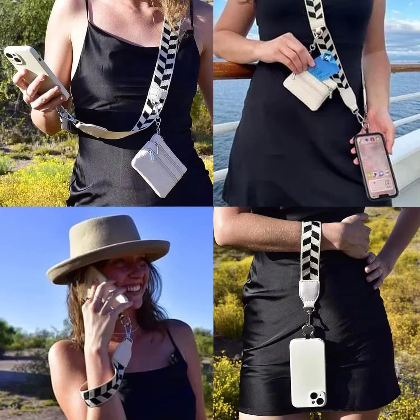 Person using a phone case with a strap in various settings