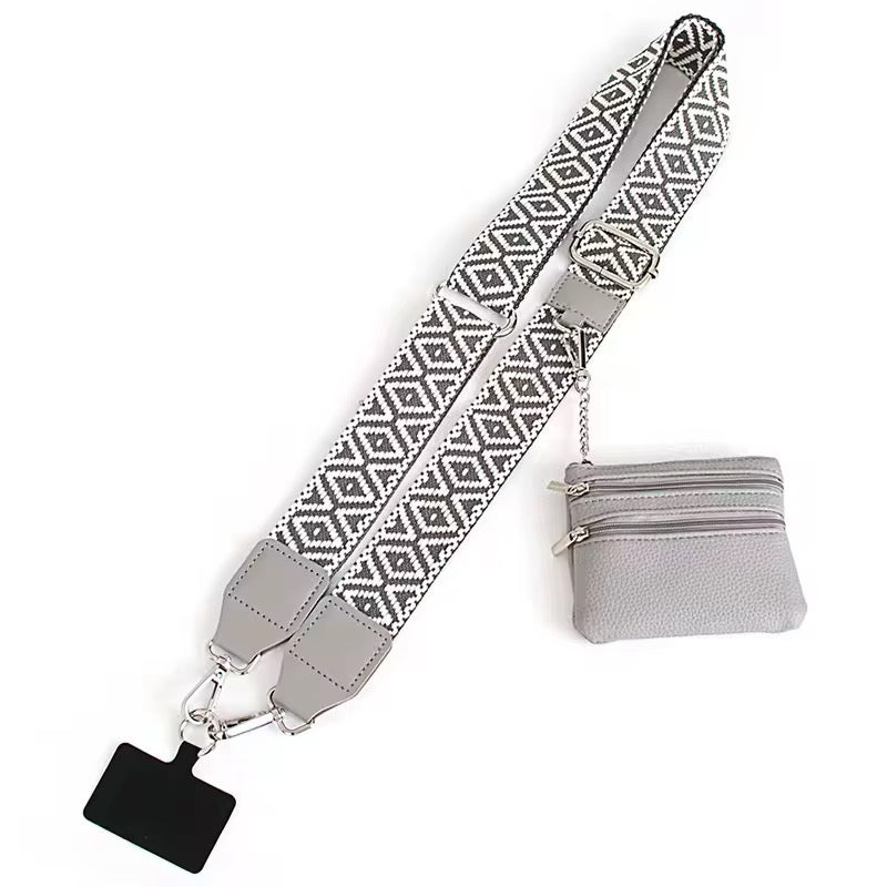 Gray patterned lanyard with a small gray pouch on a white background