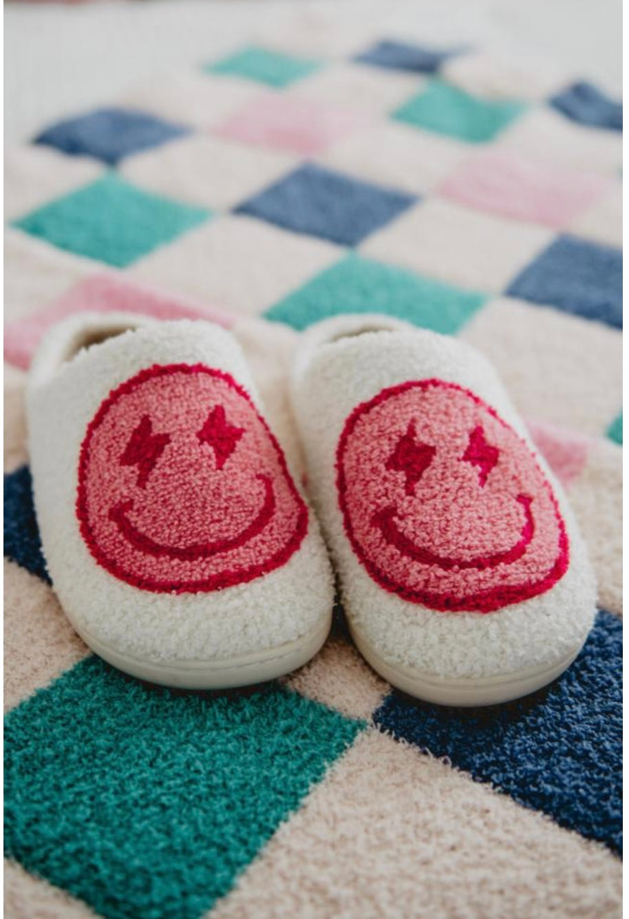 Pink Lightening Bolt Smiley Slippers