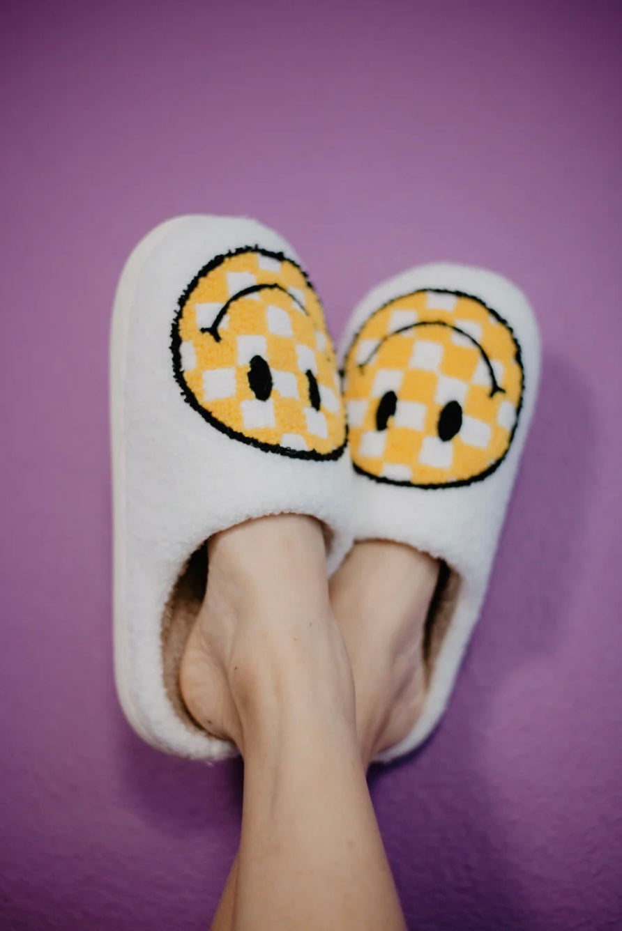 Yellow Checkered Smiley Slippers