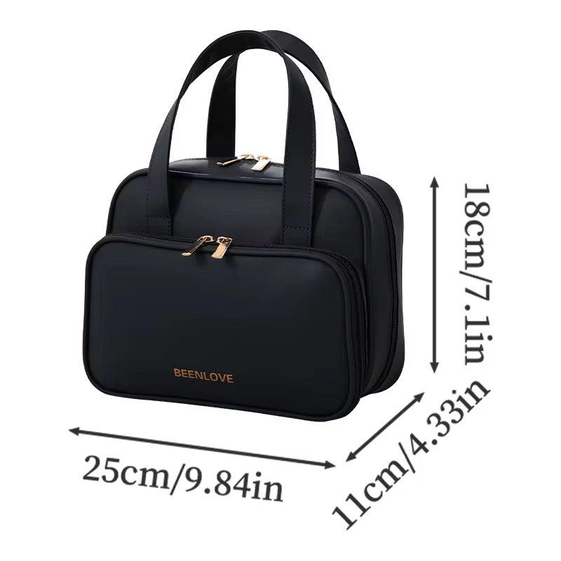 Black handbag with dimensions labeled on a white background