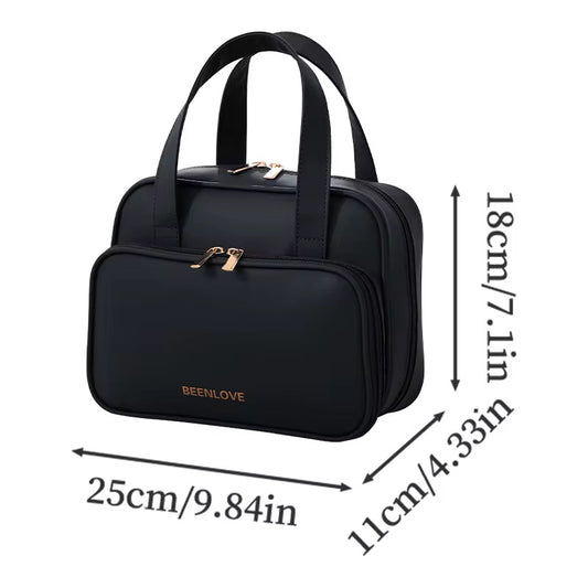 Black handbag with dimensions labeled on a white background