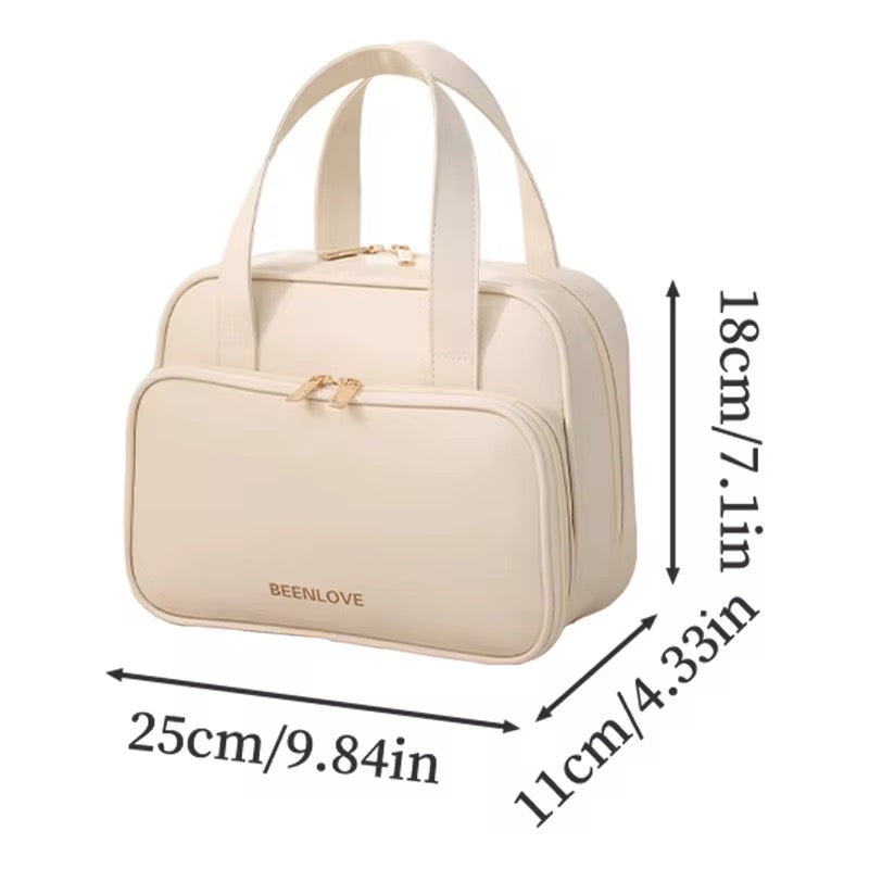 Beige handbag with dimensions labeled on a white background