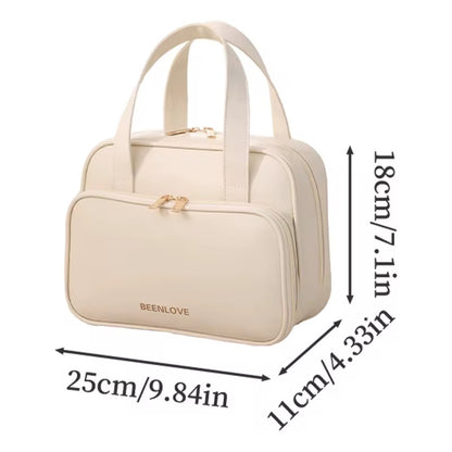 Beige handbag with dimensions labeled on a white background