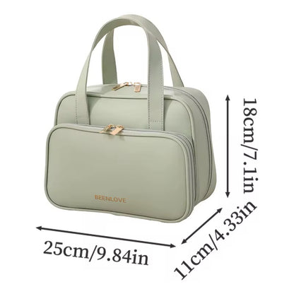 Green handbag with dimensions labeled on a white background
