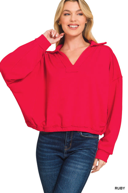 FRENCH TERRY COLLARED PULLOVER