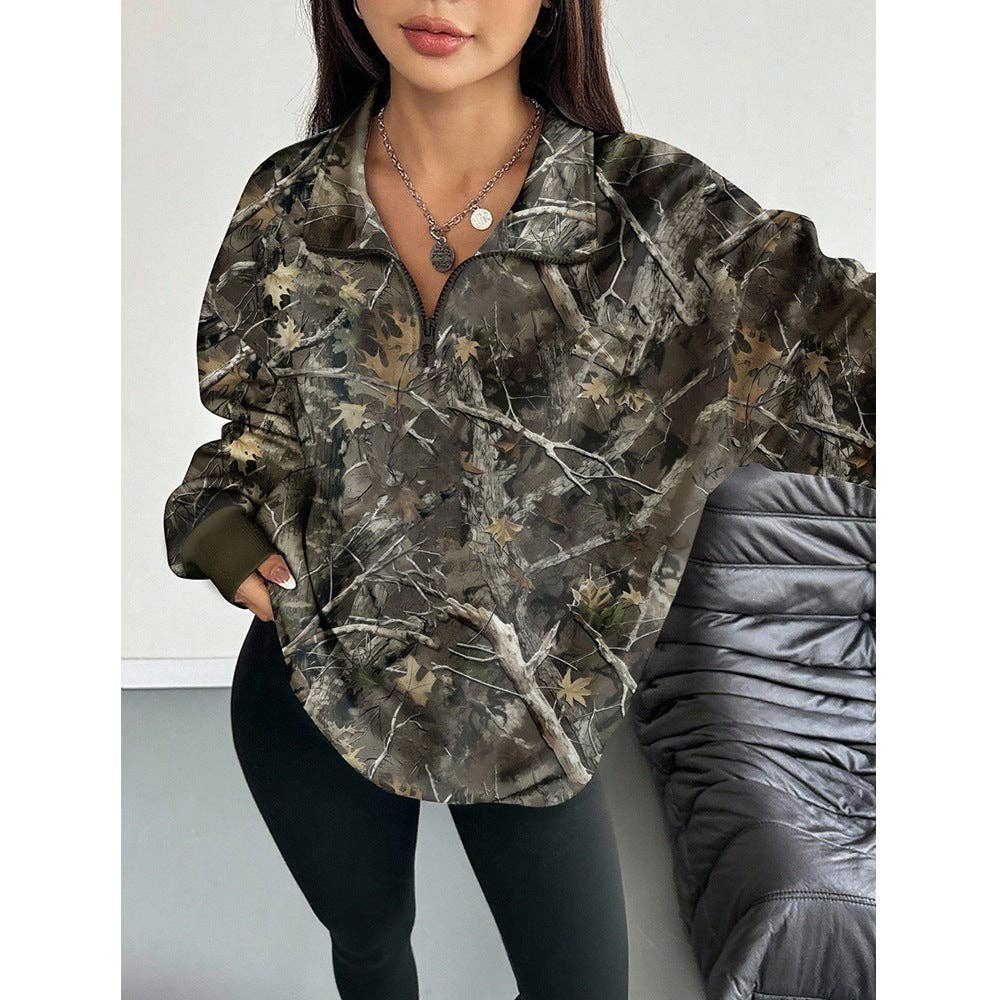 Person wearing a camouflage jacket in an indoor setting
